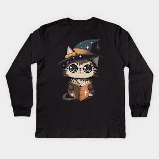 Adorable Magical Cat - Cute Wizard Drawing Kids Long Sleeve T-Shirt